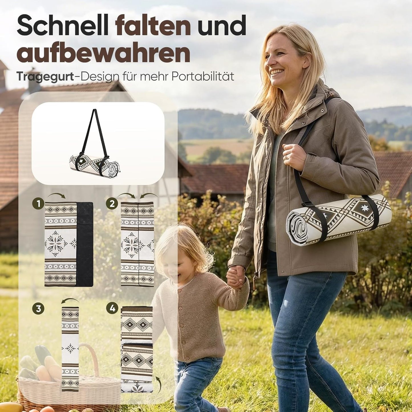 Wasserdichte Picknickdecke, 200x200 cm Beige - Mandala