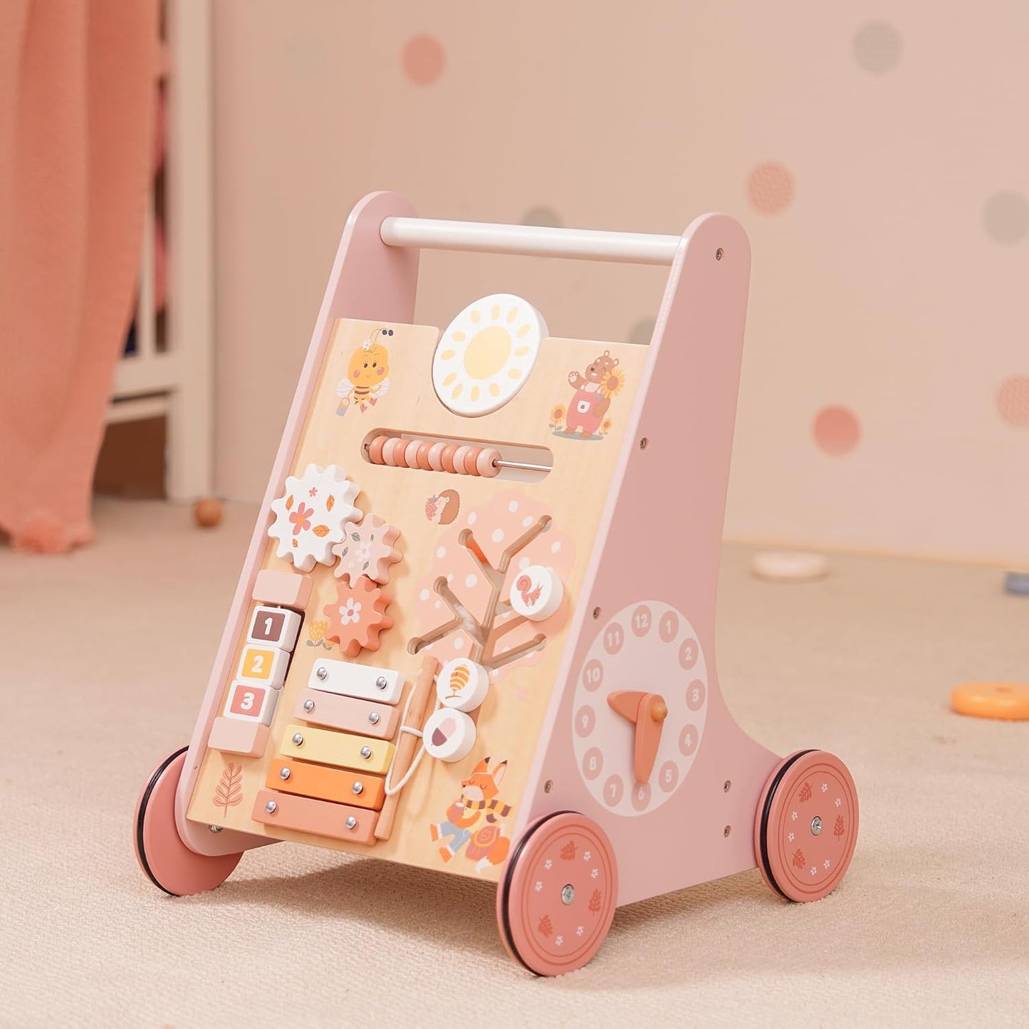 Lauflernwagen aus Holz mit Aktivitätscenter, Rosa