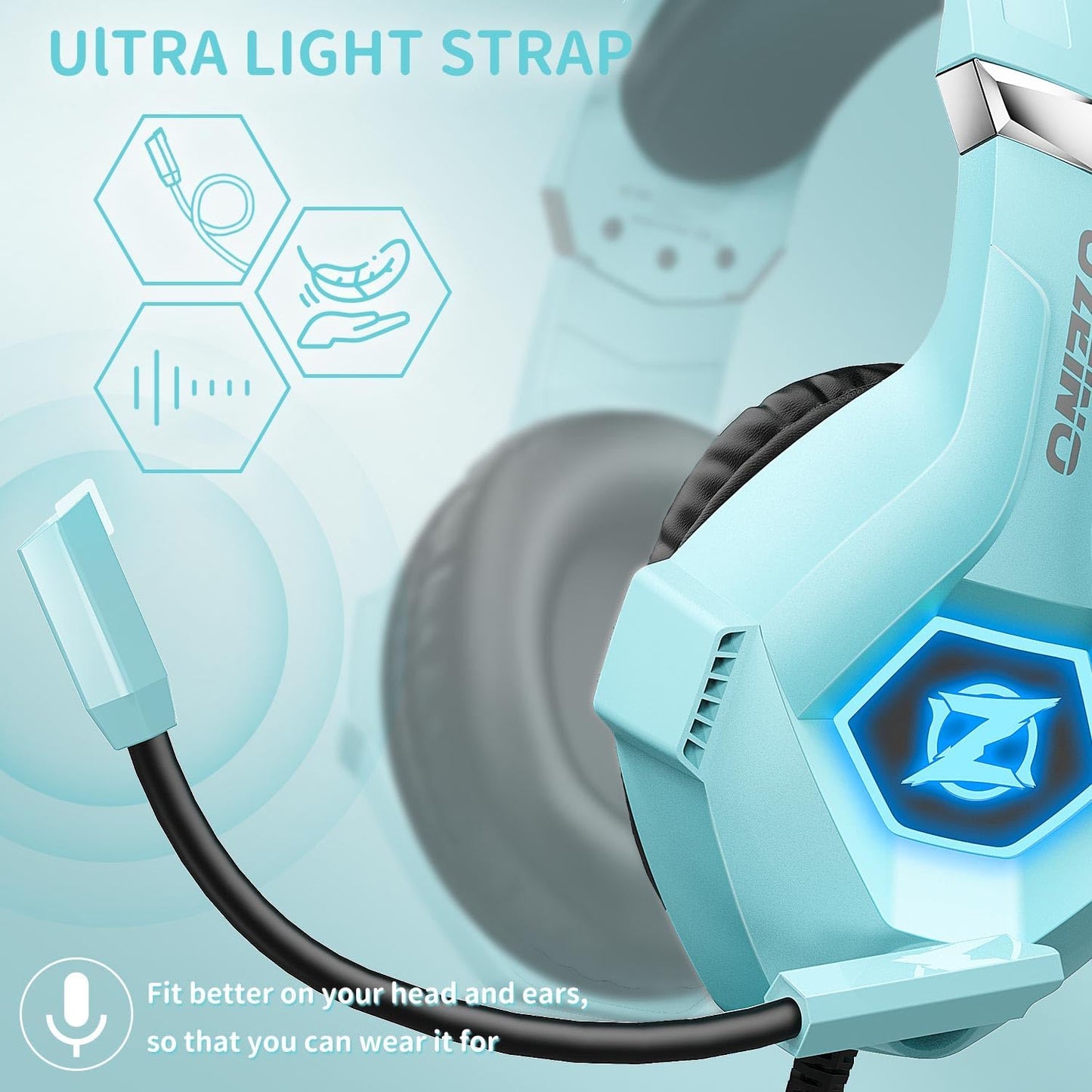 Gaming Headset mit Mikrofon und 3D Surround Sound, hellblau