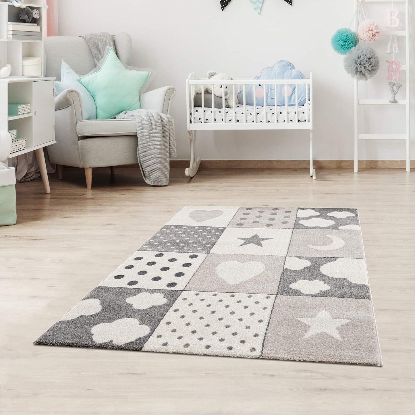 Kinderteppich mit Herz- und Sternmotiven, 80 x 150 cm (Läufer) Grau