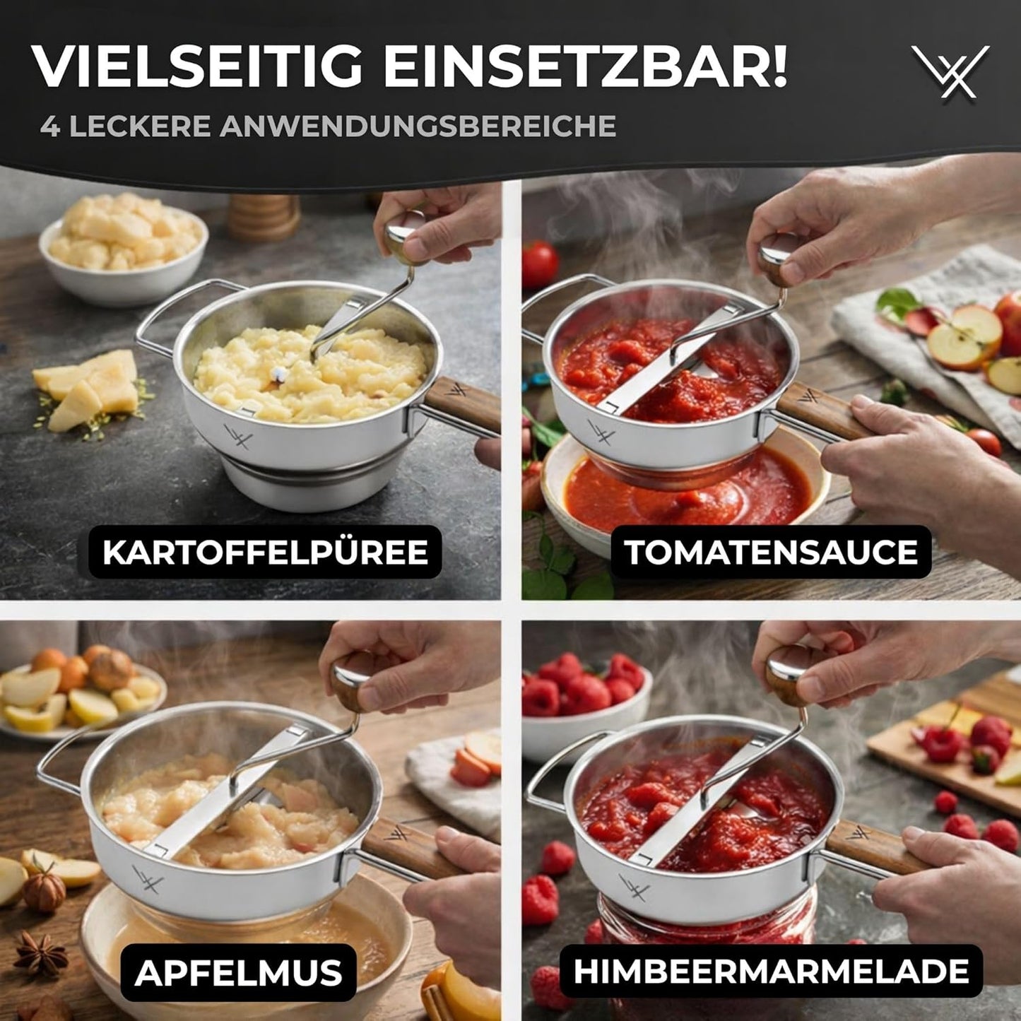 Passiermühle mit 3 Siebeinsätzen