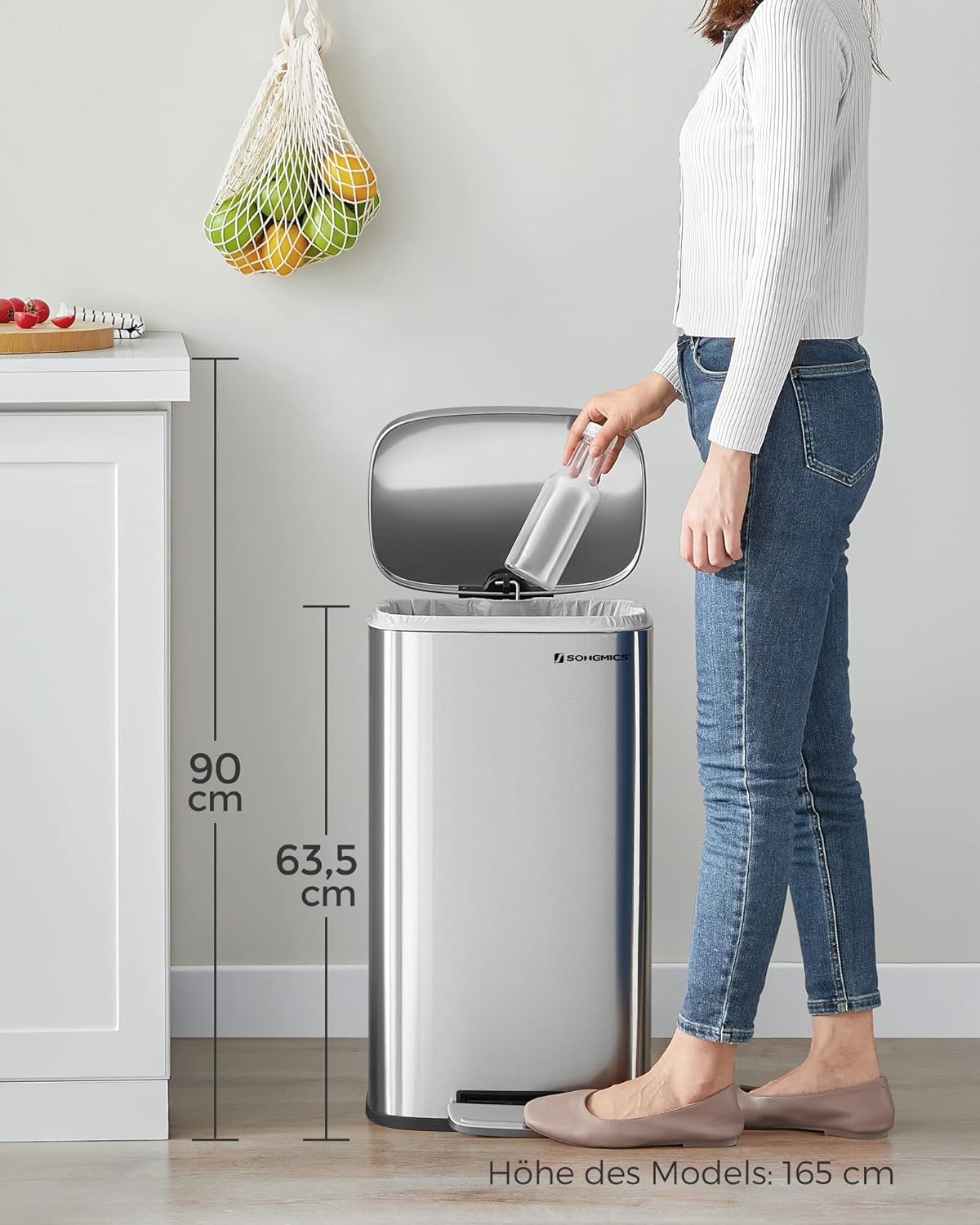 Mülleimer Ria mit Fusspedal und Softclose, silbern, 30 L