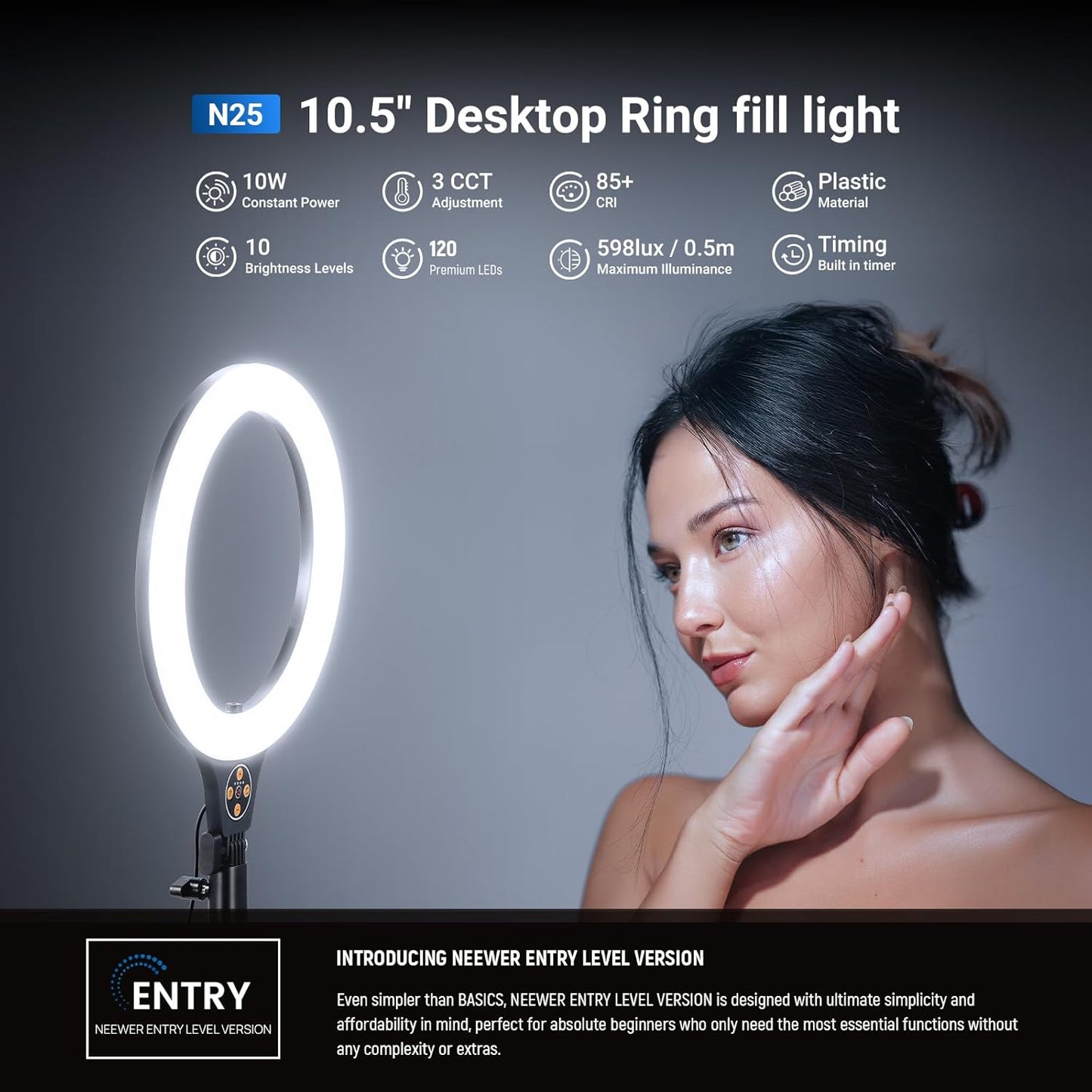 Ringlicht mit Stativ und Handyhalterung für Selfies, Schwarz 10,5" mit Tischstativ