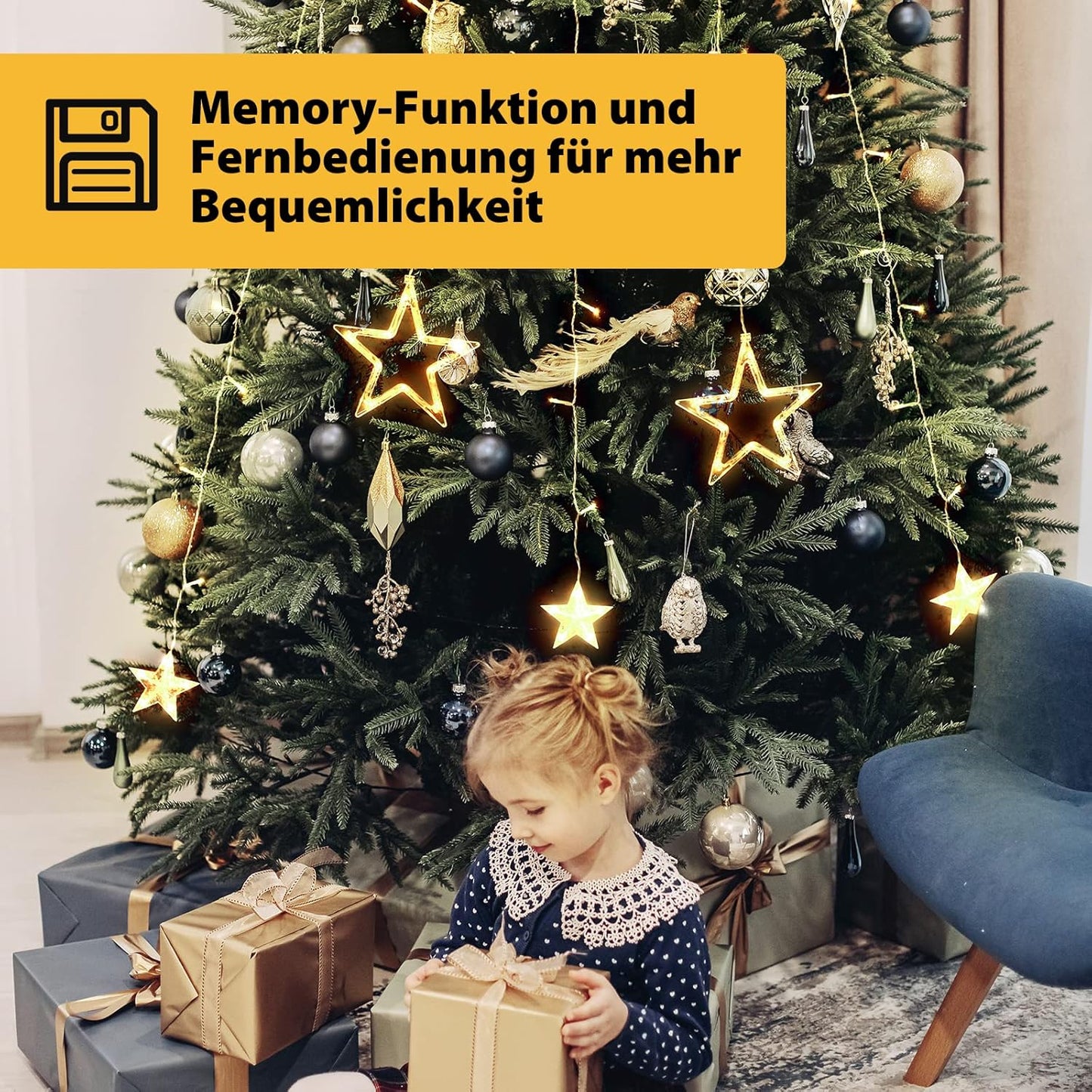 Christbaumbeleuchtung mit Fernbedienung und 9 Modi, Warmweiss Sternspitze Usb 1,5m+1m