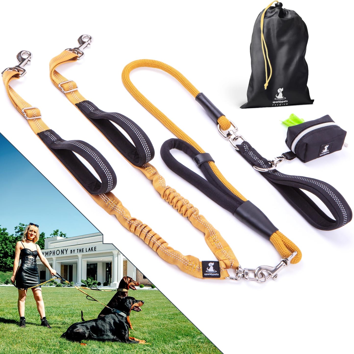 Doppel-Leine für Zwei Hunde, stossdämpfend, verstellbar, Einstellbar Premium Gold Für 2 mittelgrosse/grosse Hunde