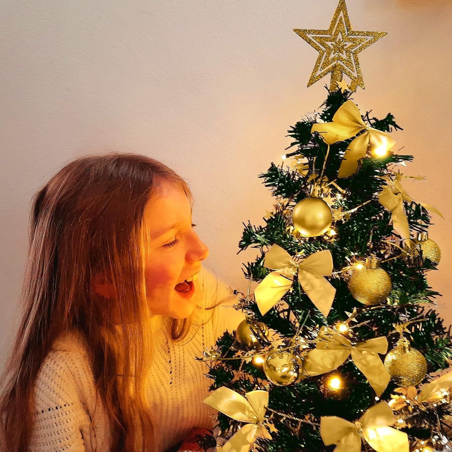 Künstlicher Weihnachtsbaum mit Deko & LED-Lichterkette, 60 cm Grün-gold-braun+warmweiss