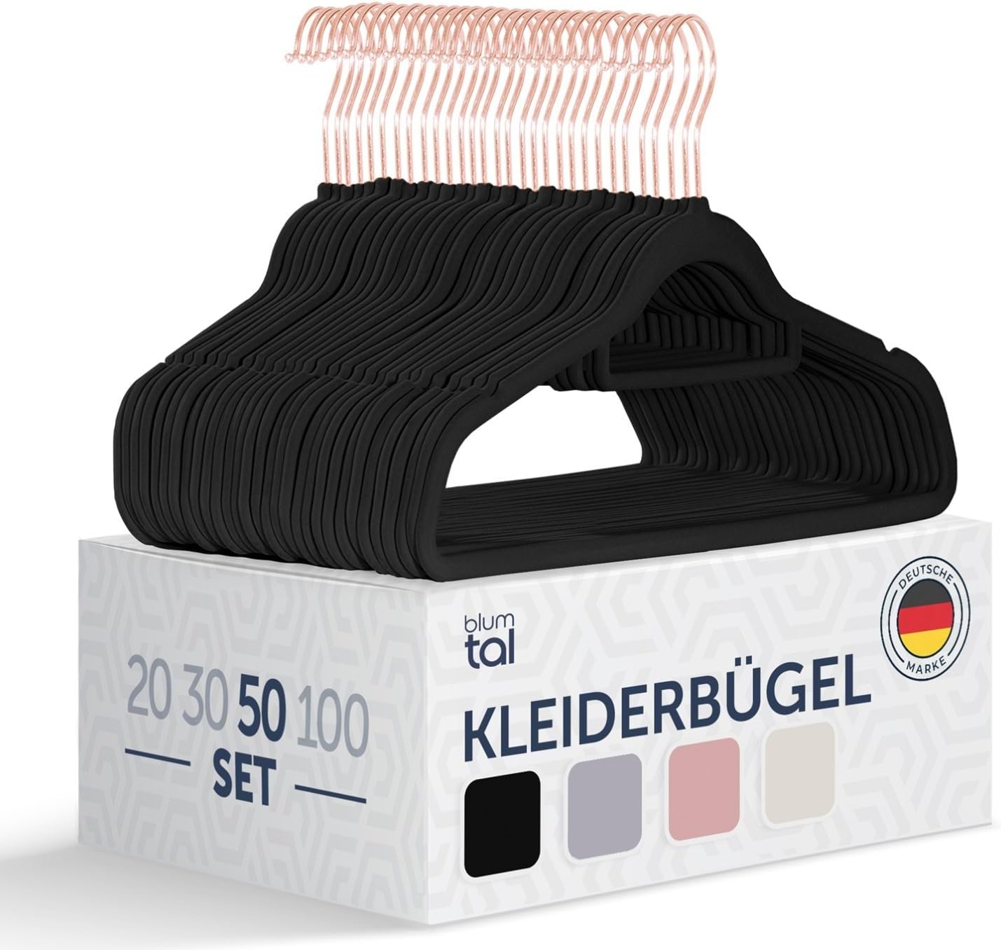 50er-Set Samt-Kleiderbügel, 50 Stück Rosegold / Schwarz