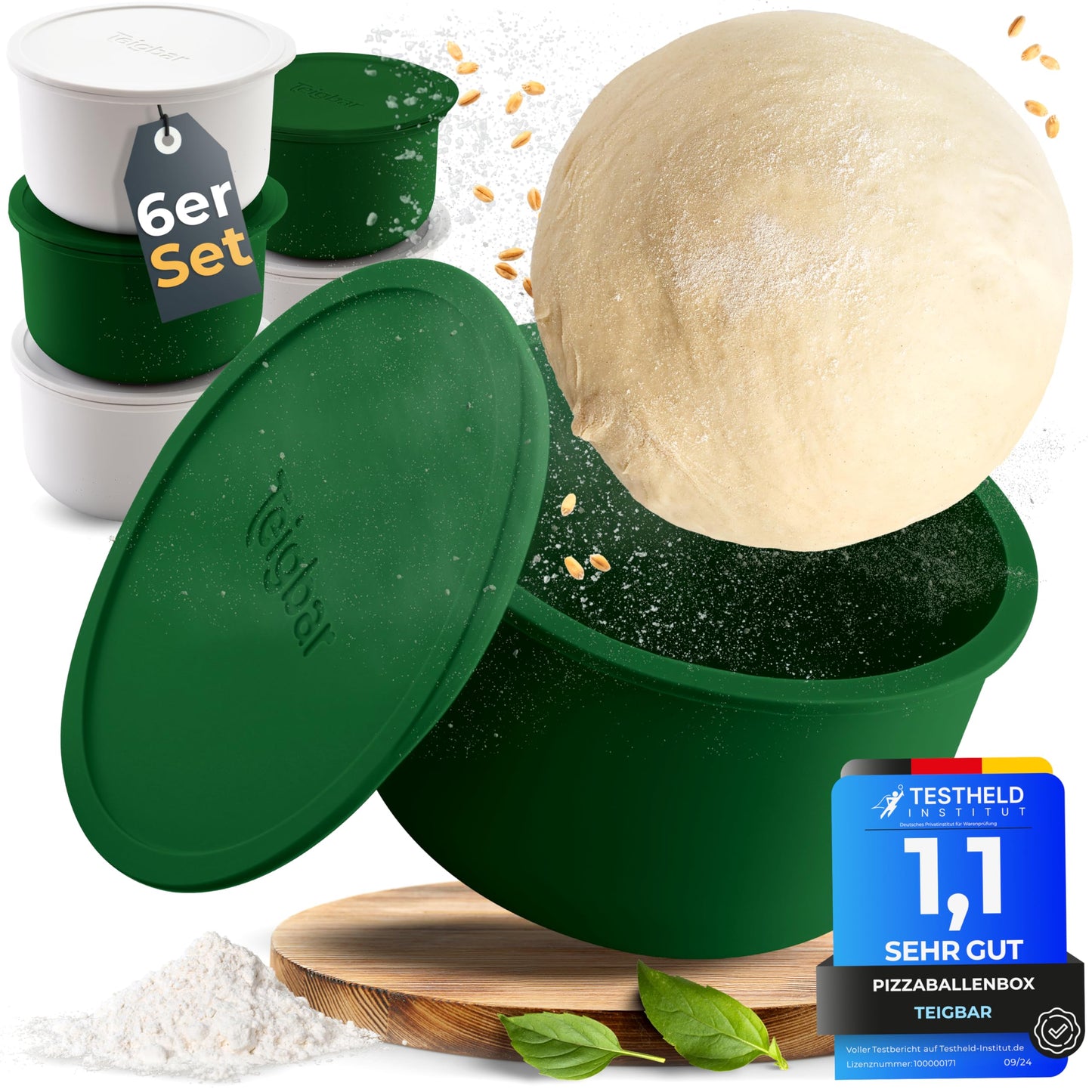 6er-Set Pizzaballenbox mit Deckel, Weiss/Grün 6er Set