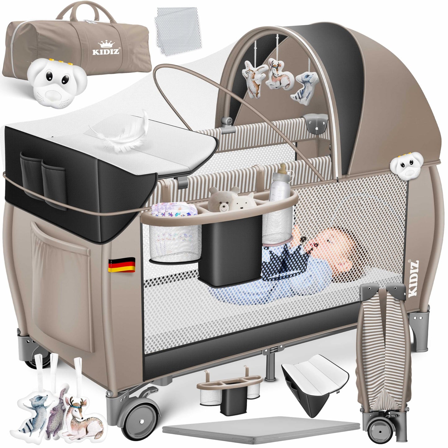 Klappbares Reisebett mit Matratze & Zubehör, Schwarz / Beige