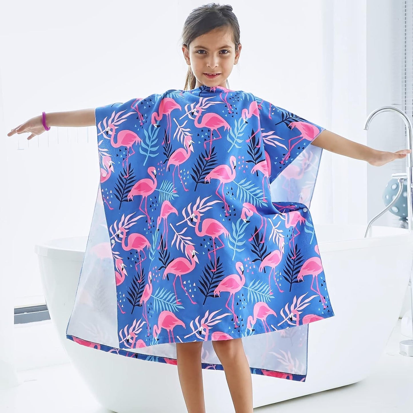 Badetuch-Poncho für Kinder mit Flamingo-Motiv, Blau Einheitsgröße