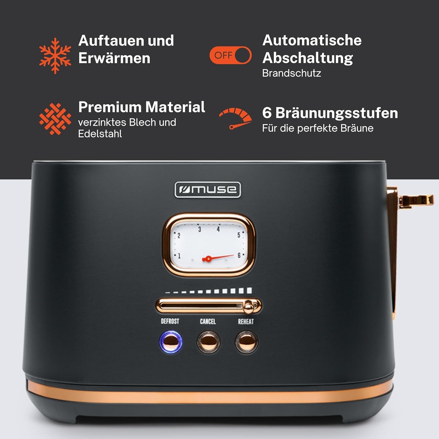 Edelstahl-Toaster im Retro-Design mit 6 Stufen, Schwarz