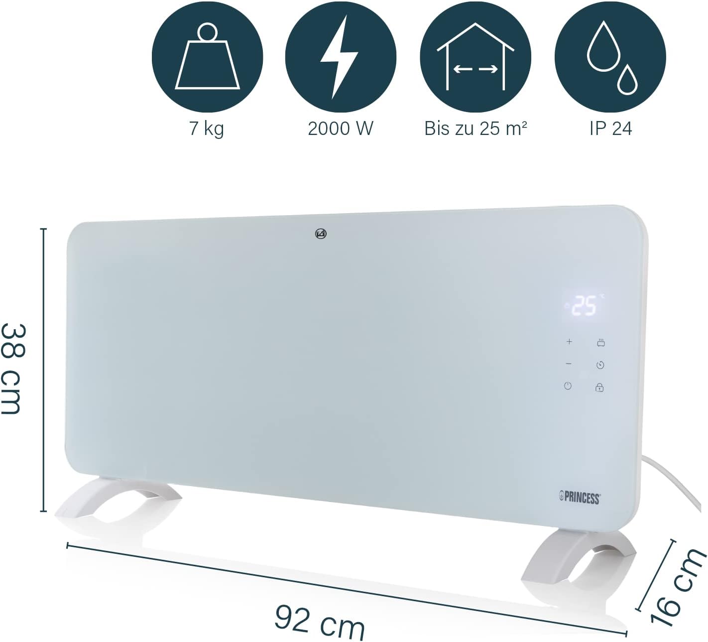 Smarte Konvektorheizung mit App-Steuerung, 2000W Weiss