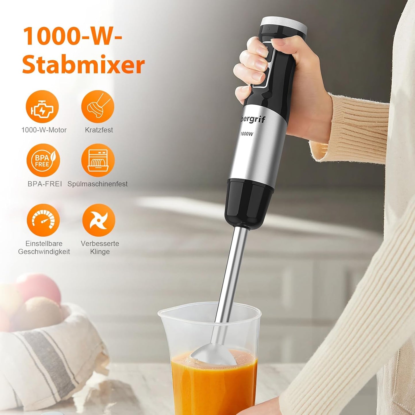 Stabmixer mit stufenloser Geschwindigkeitsregelung, 6.5 cm (L) x 6.5 cm (l) x 40.5 cm (H) Schwarz/Silber