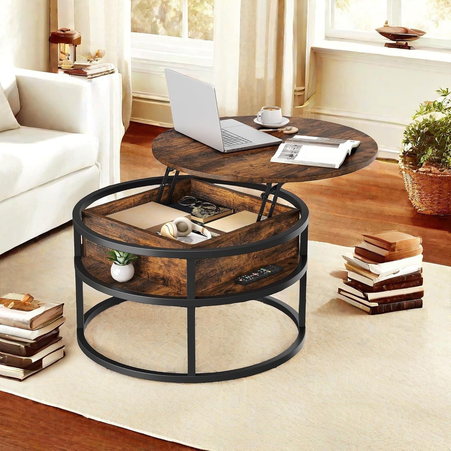 Runder Couchtisch mit Hebeplatte und Stauraum, 80X80X47CM, Braun