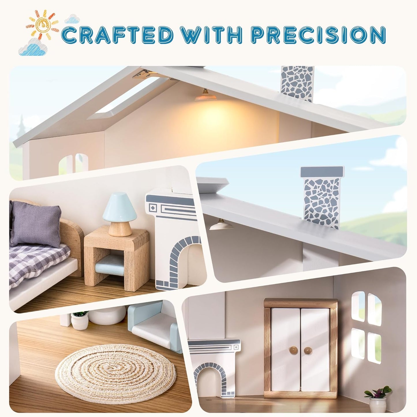 Möbiliertes Puppenhaus mit Lichtern und 3 Etagen, Modern