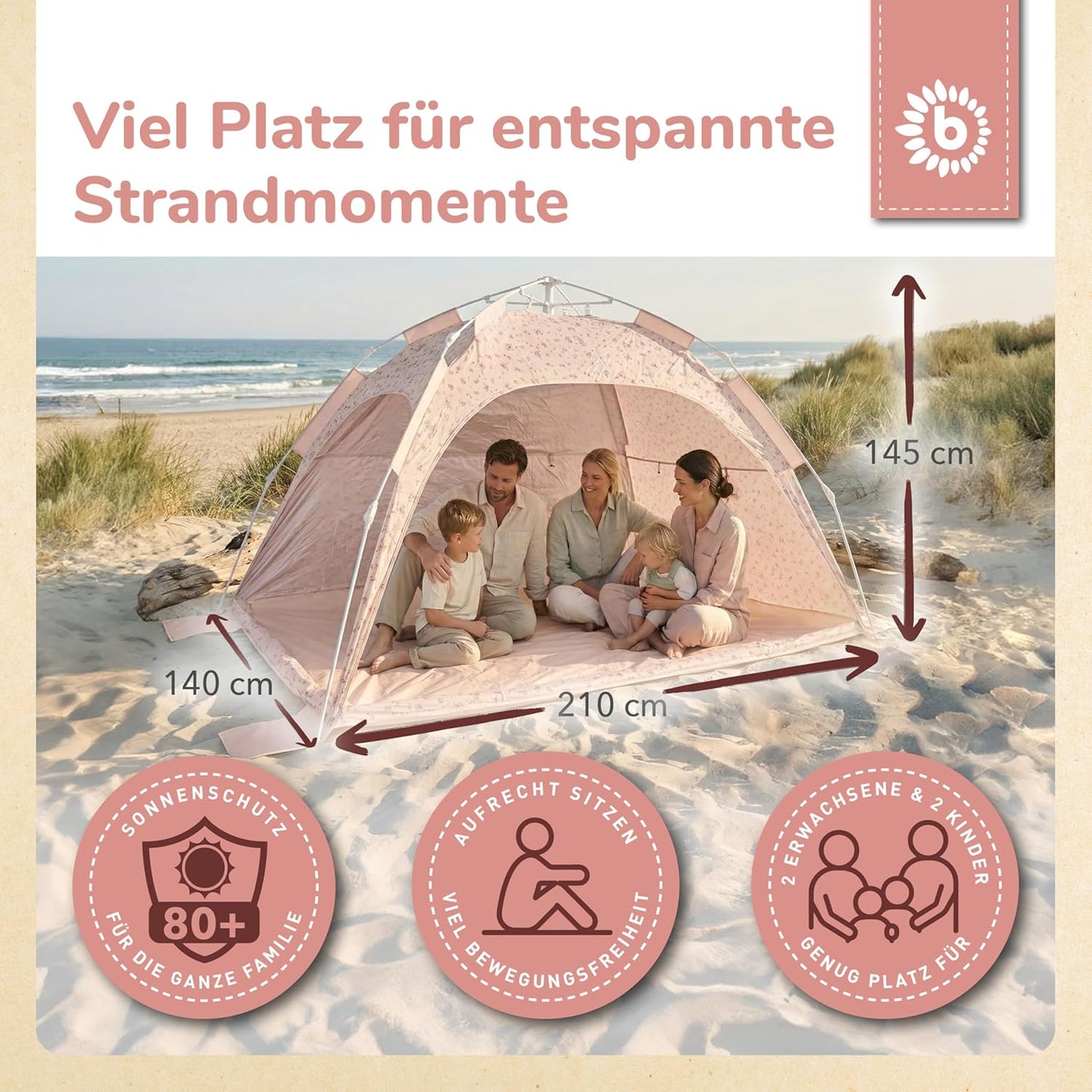 Strandmuschel Pop Up XXL Quick-Up Zelt mit UV Schutz 80+, Strandzelt Dreamy Flowers