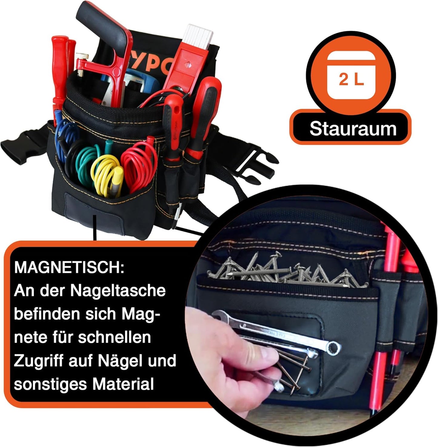 Presto Werkzeug-Gürteltasche mit 12 Taschen, Schwarz-orange