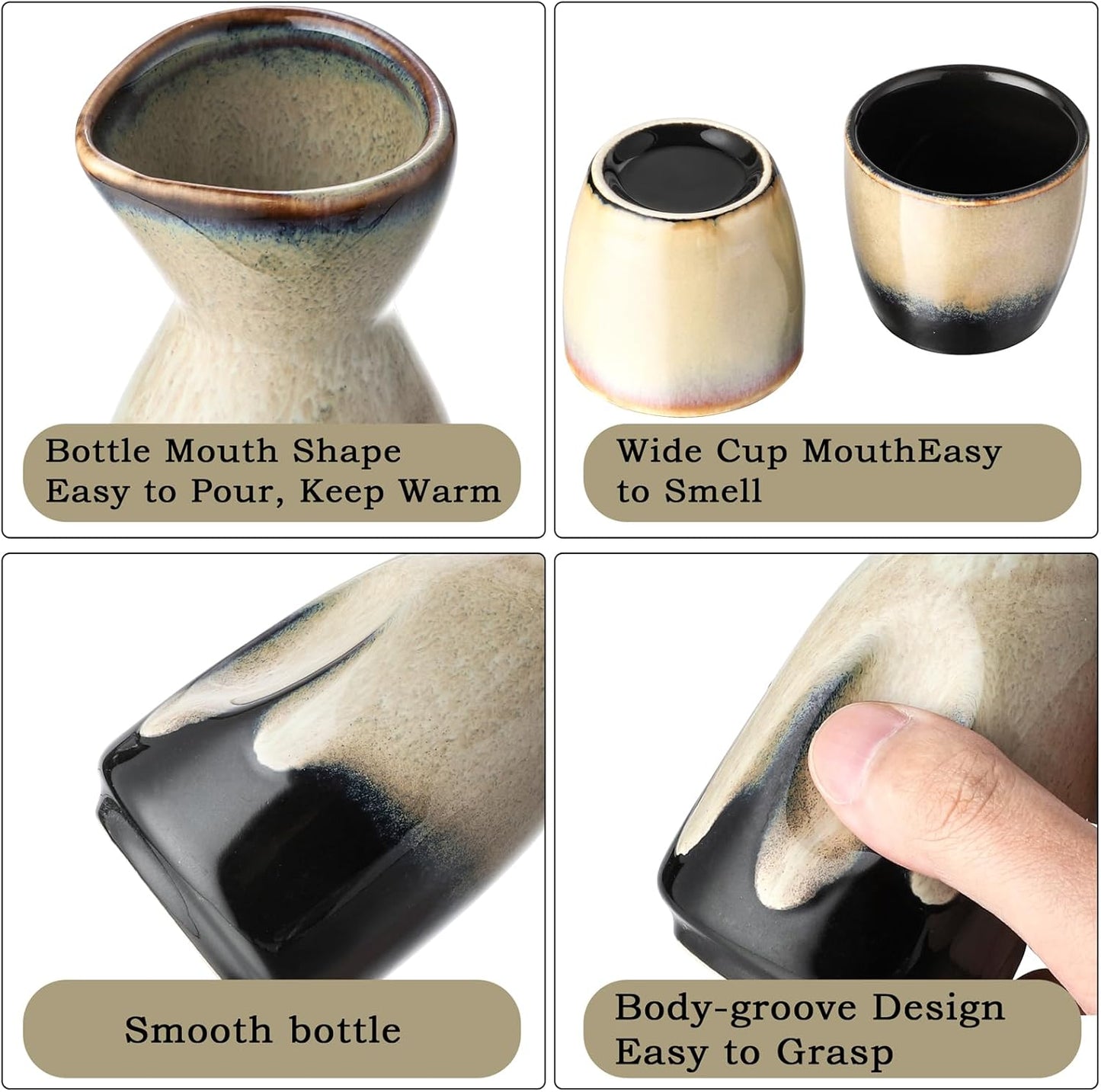 Sake-Set mit 4 Bechern und Wärmer, Gelb Schwarz