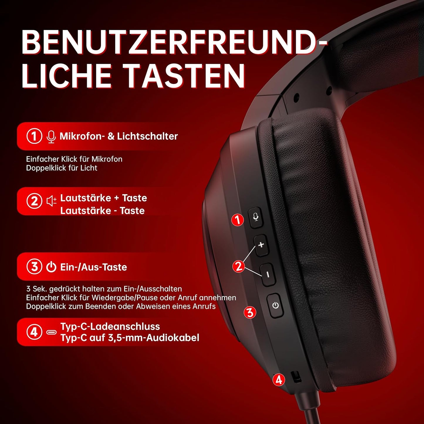 Kabelloses Gaming Headset, Red 3,5 mm Klinke