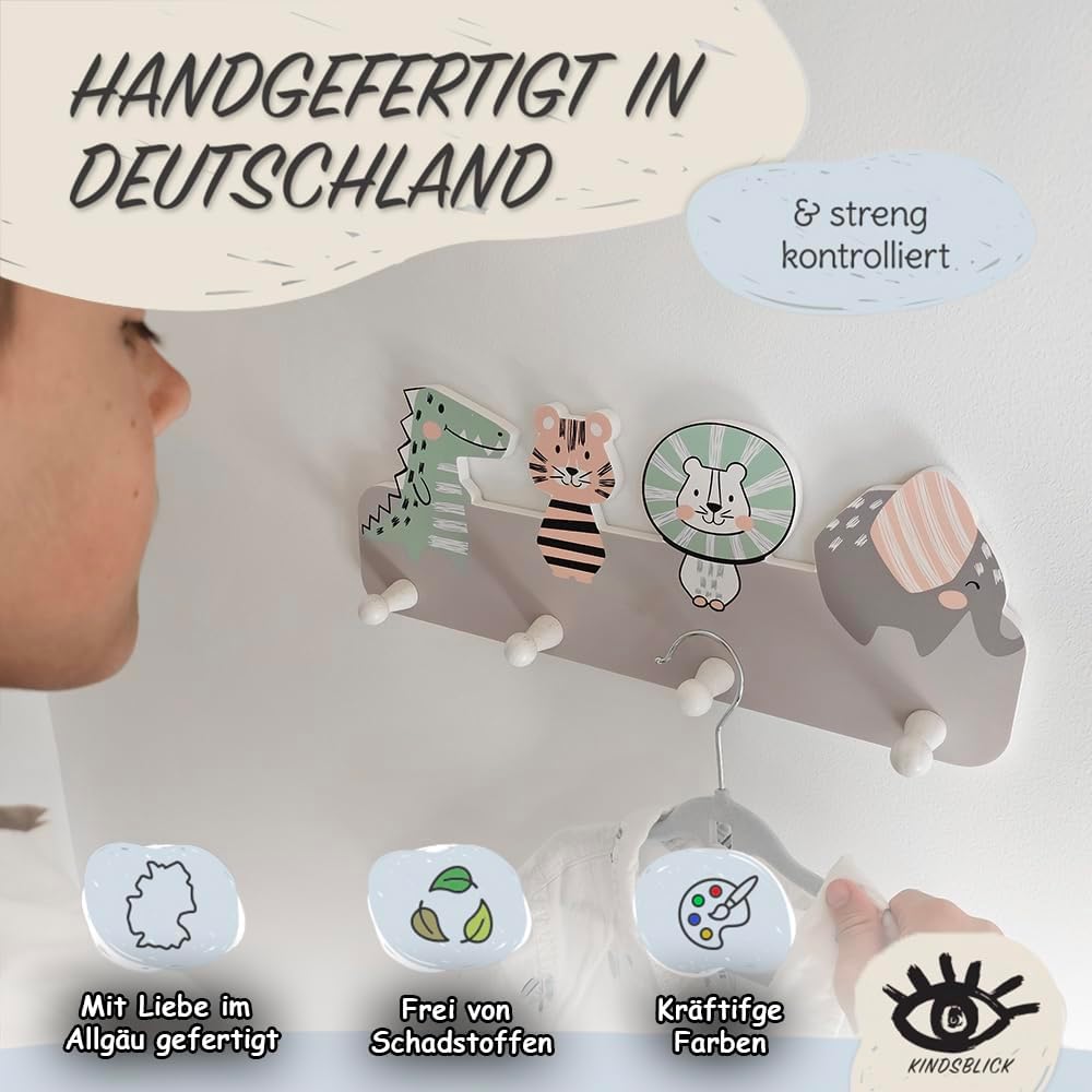 Kindergarderobe mit 4 Haken und A4 Poster, Junglefreunde Grau