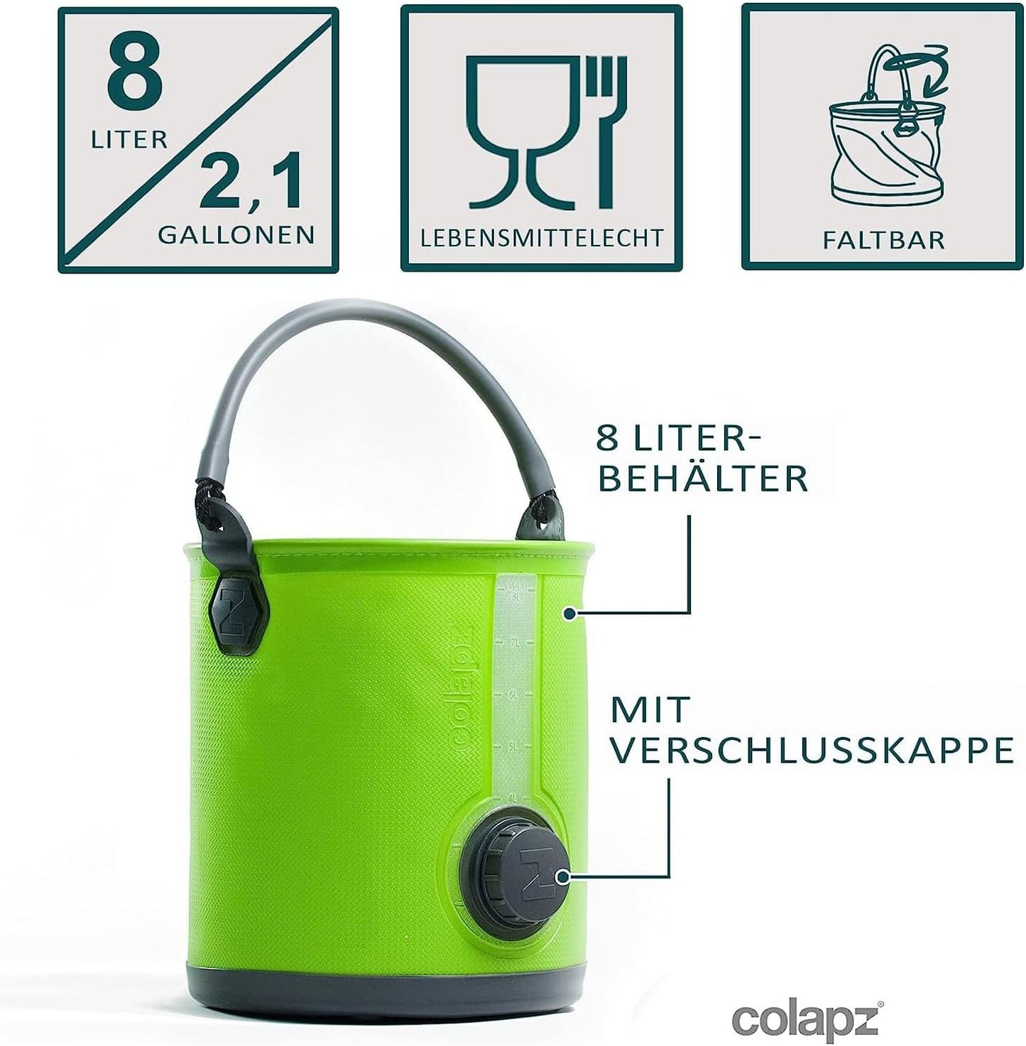 2-in-1 Faltbarer Wasserkanister mit Hahn, 8l, Grün
