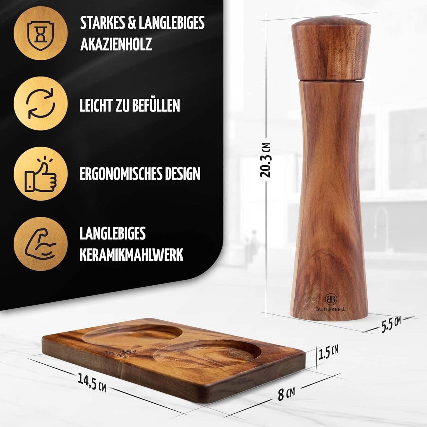 Salz und Pfeffermühle mit Untersetzer, Salz und Pfeffermühle - Deutsch