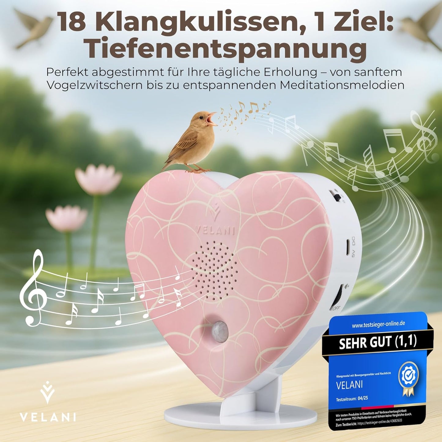Naturgeräusche-Box mit Bewegungsmelder, Pastell-rosa Herz