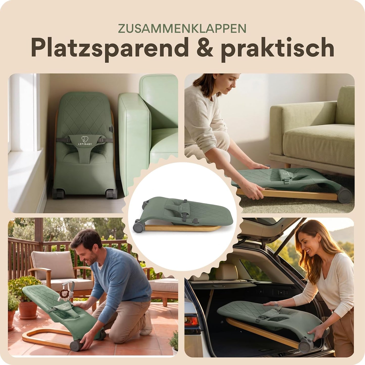 Babywippe Faltbar & Verstellbar mit Spielbogen, Grün
