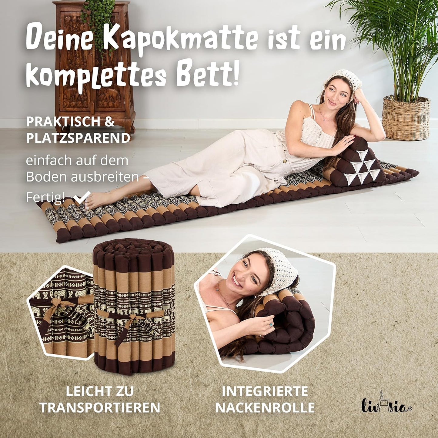 Rollmatratze für Gäste und Outdoor (200x50x4,5cm), S (200 x 50 cm) Braun/Elefanten