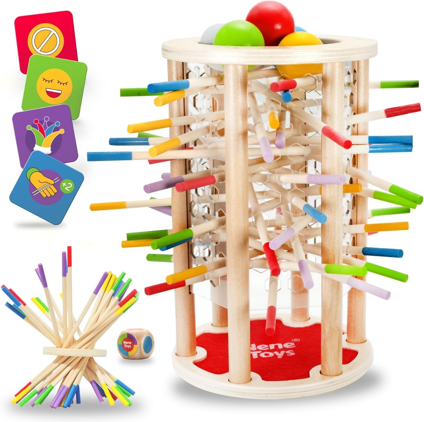 Pädagogisches Brettspiel mit bunten Stöcken, Würfeln und Karten - Spielzeug aus Holz