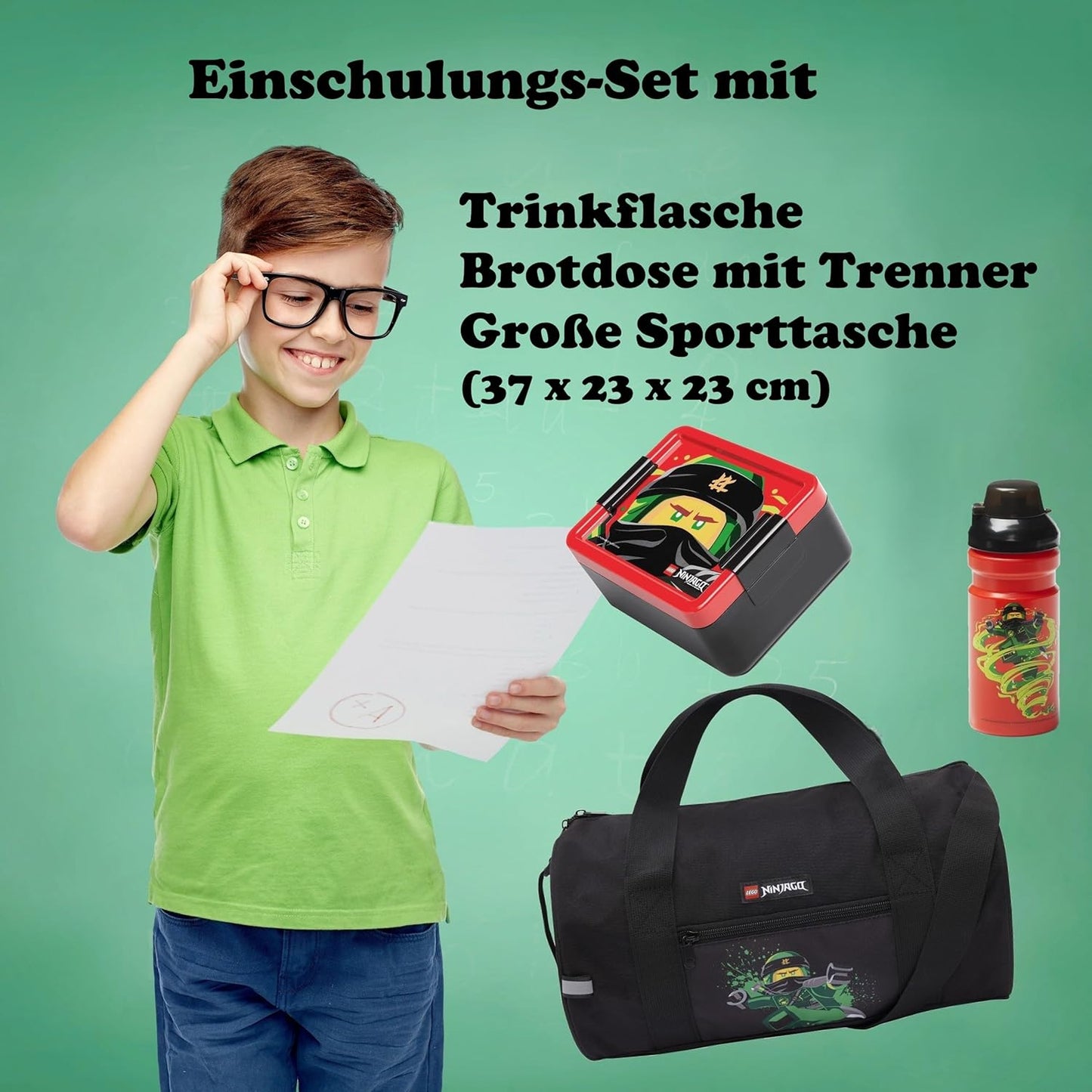 9-teiliges Schulranzen-Set Ninjago, Grün, 9-teiliges Set mit Sporttasche