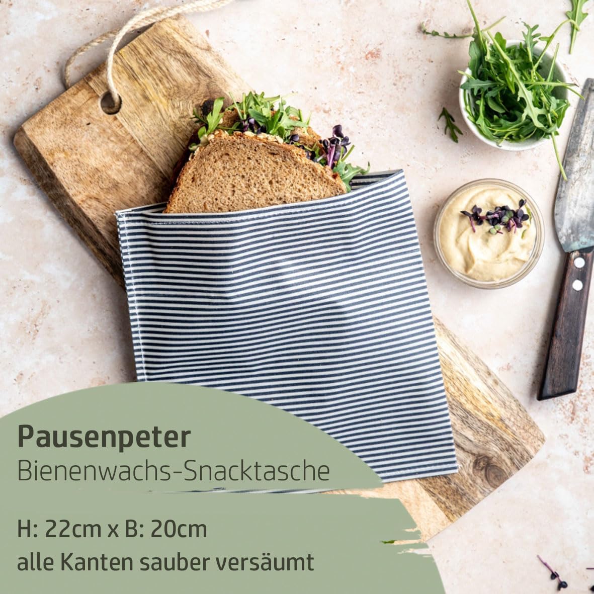 Bio-Bienenwachstuch Snacktasche Pausenpeter, Streifen