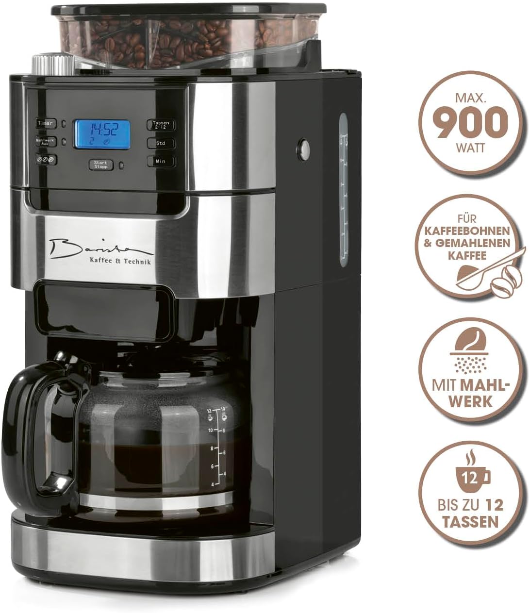 Filterkaffeemaschine für 10 Tassen, 6) Edelstahl - Glaskanne - mit Mahlwerk