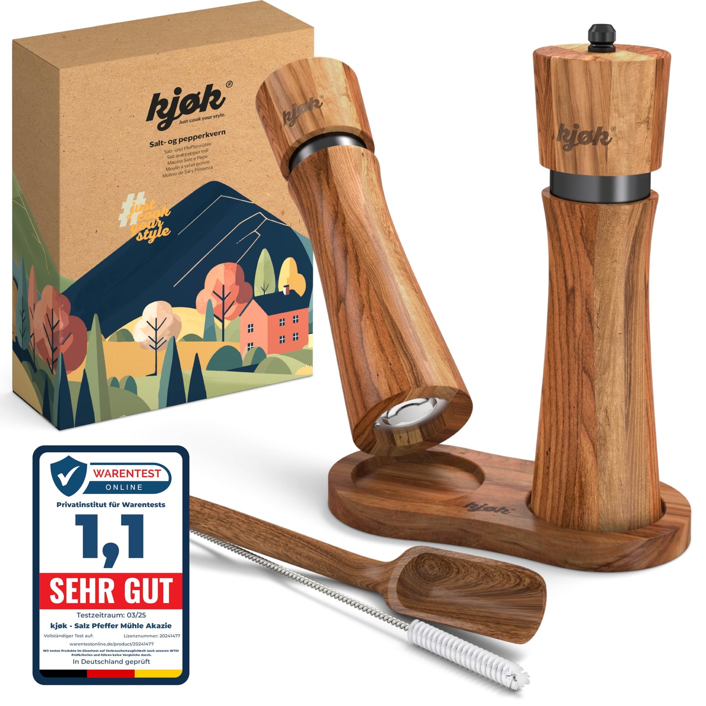 Salz- und Pfeffermühle mit Reinigungsbürste und Einfülllöffel, Kjøk Salz- & Pfeffmühle Akazienholz