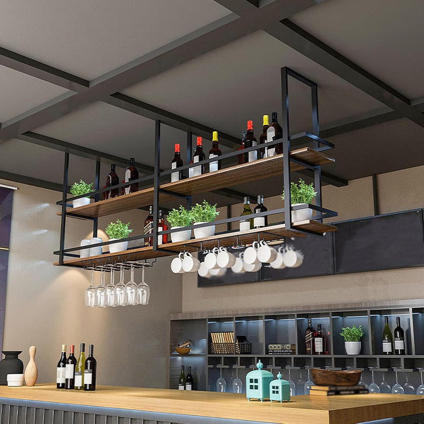 Deckenhängeregal mit Glas- und Tassenhalter im Industrie-Design, 100×30×80cm Schwarz