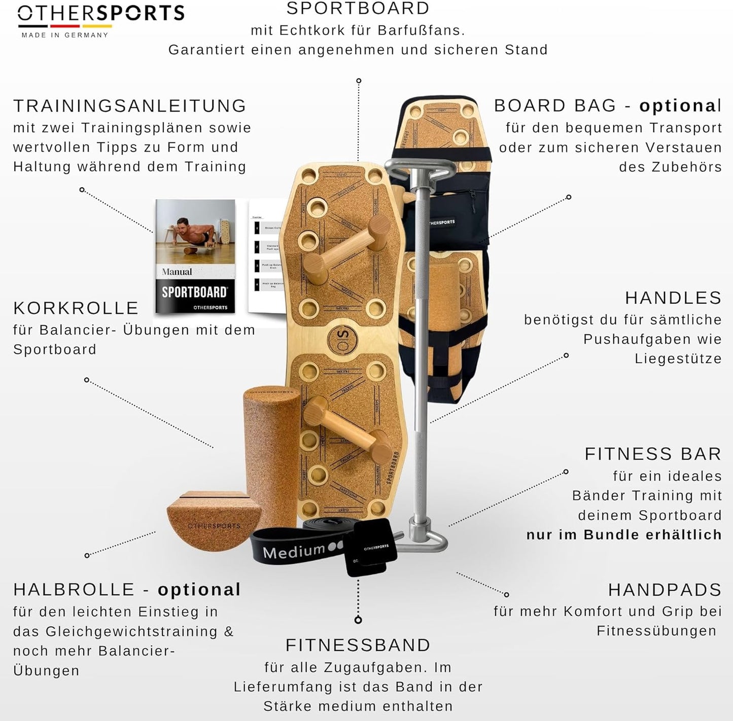 Gleichgewichtstrainer Sportboard 3 mit Zubehörset, Kork IV. Mit Halbrolle, Fitnessstange und Rucksack
