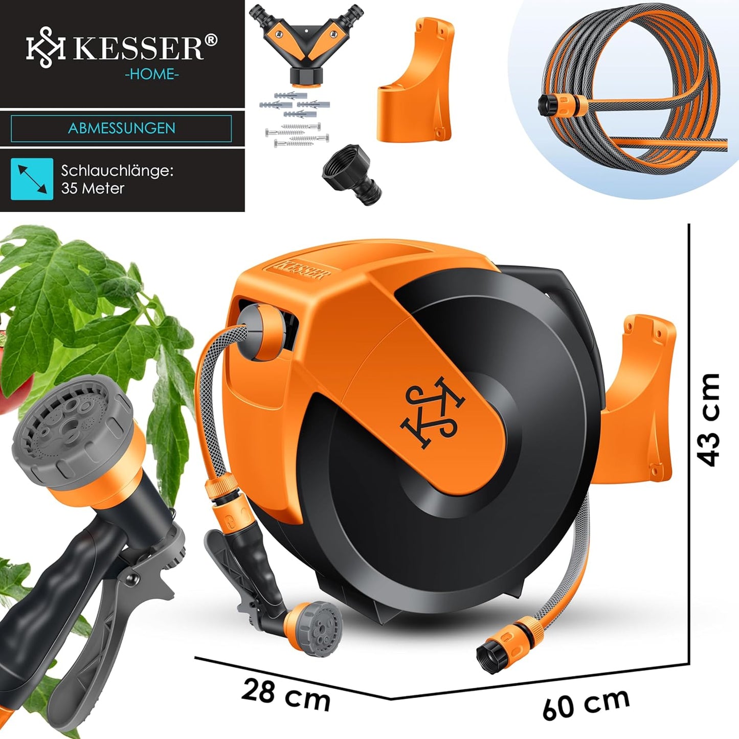 Schlauchtrommel mit 35m Gartenschlauch & Handbrause, Schwarz / Orange, 35m