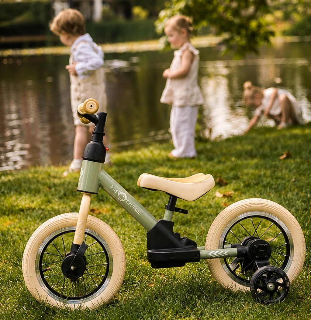 Pedalplay 3in1 Laufrad mit LED-Stützrädern & Pedalen, Sanftes Grün & Cremeweiss