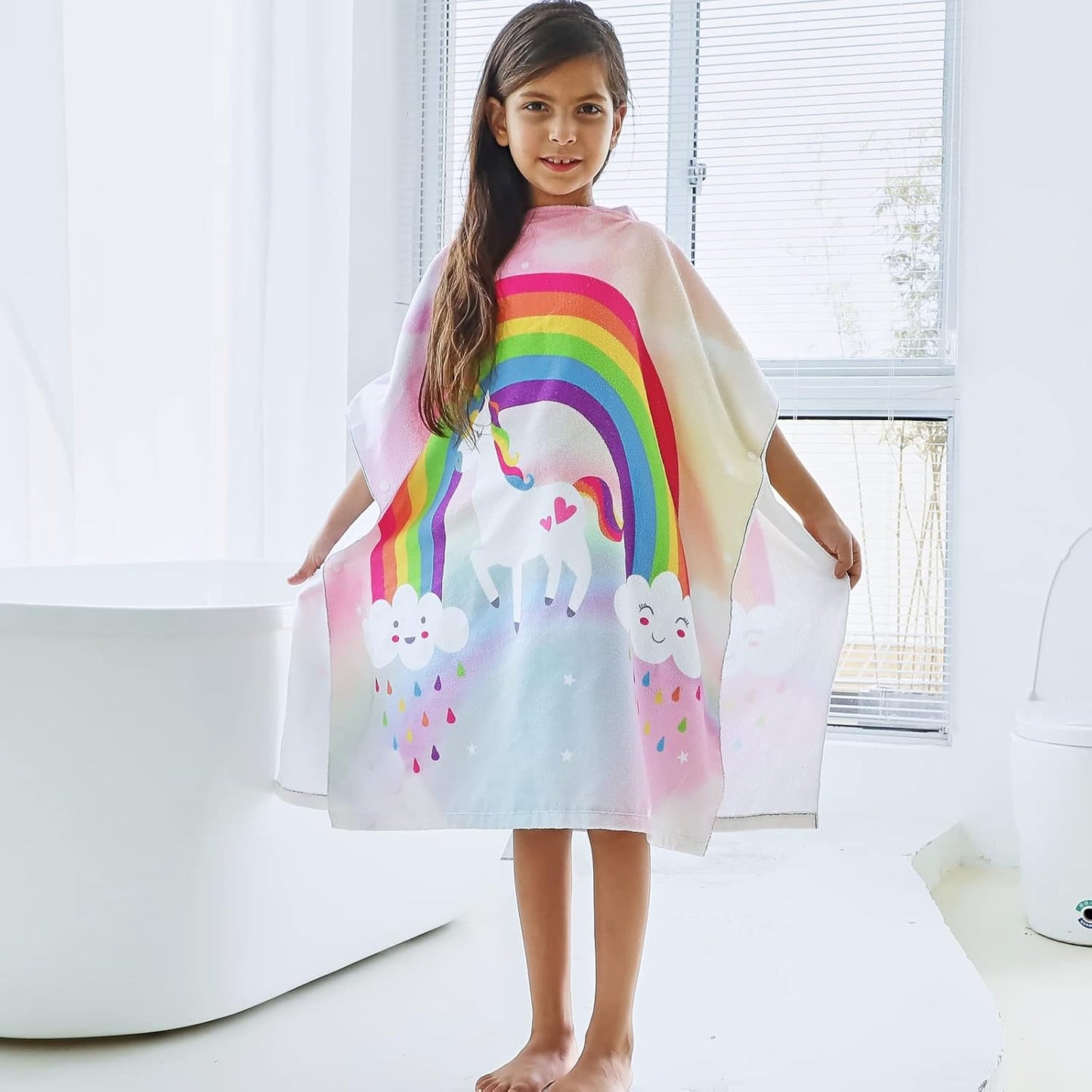 Badetuch-Poncho für Kinder mit Regenbogen-Einhorn-Motiv, Regenbogen Einheitsgröße