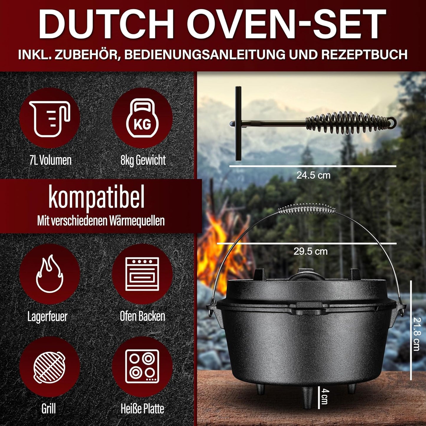 Dutch Oven Set mit Deckelheber (7 Liter), 7 Liter