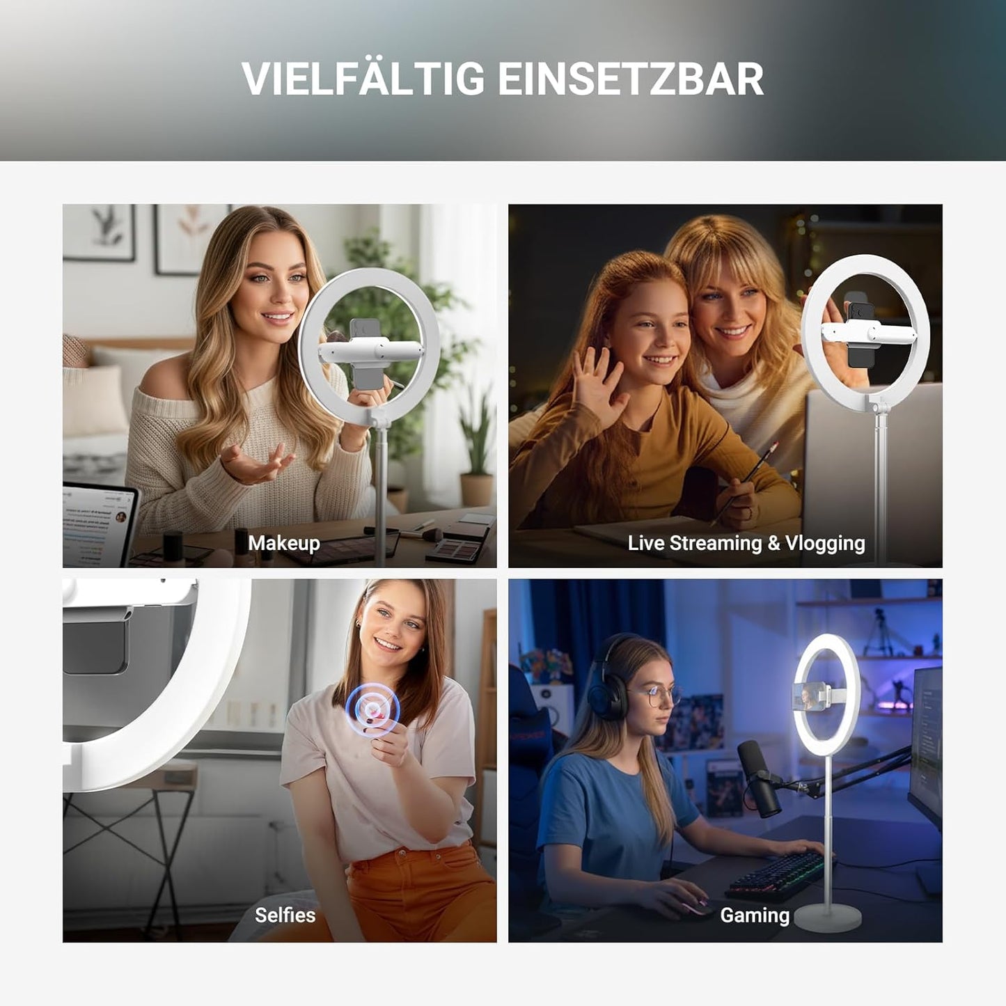 LED Selfie Ringlicht N17 mit Tischständer und Handyhalter, Weiss 10" mit Tischstativ
