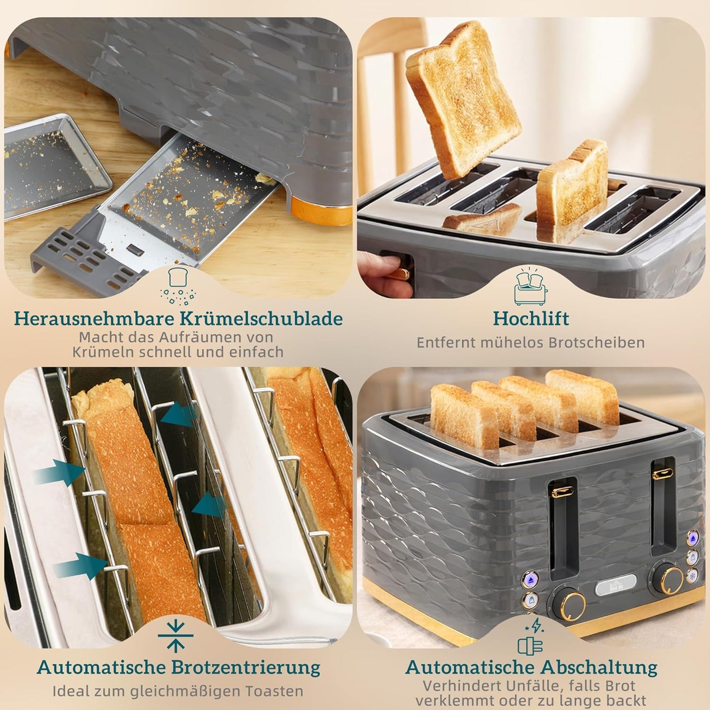 4-Scheiben-Toaster mit 7 Bräunungsstufen, Grau