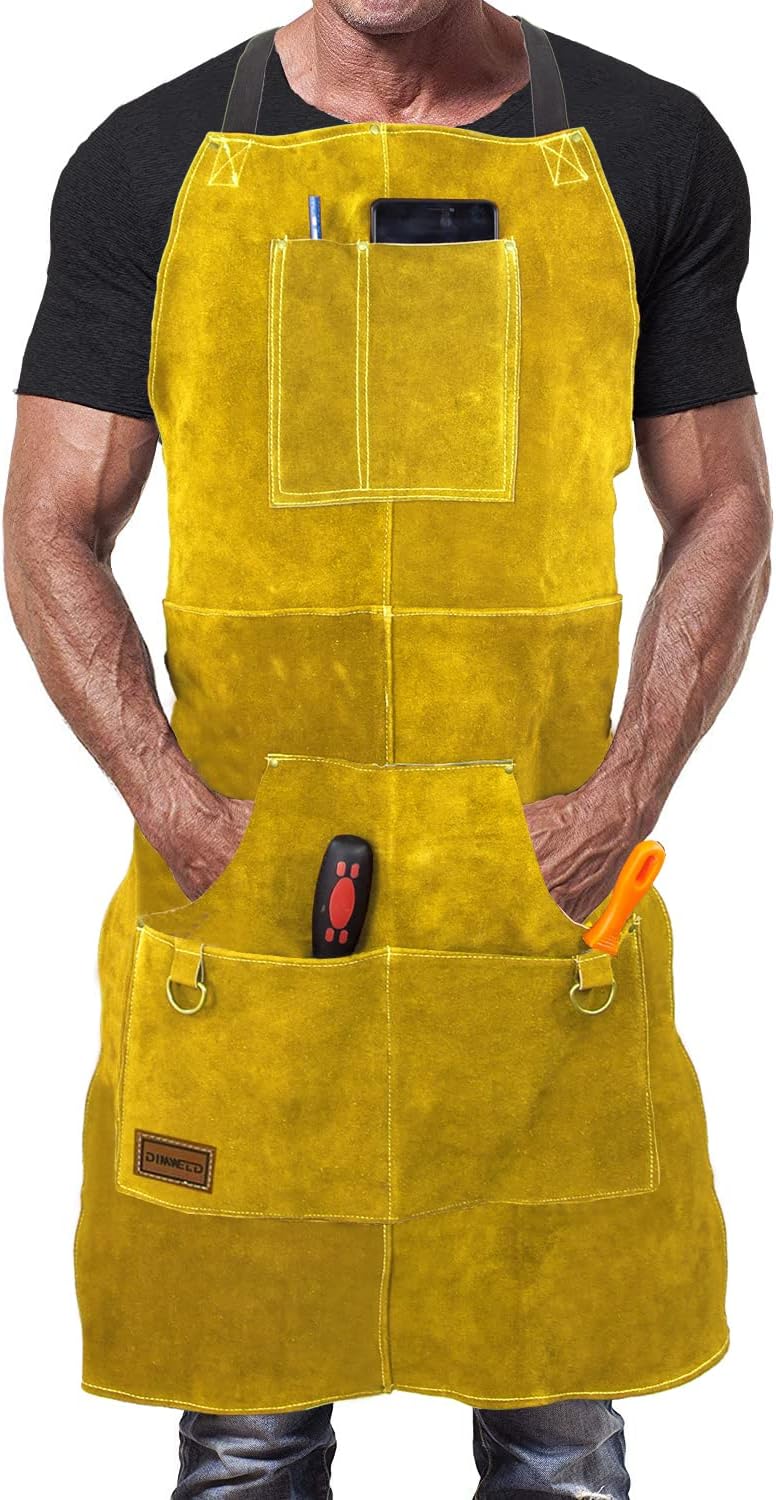 Lederschürze für Schweisser mit Werkzeugtaschen, Gelb