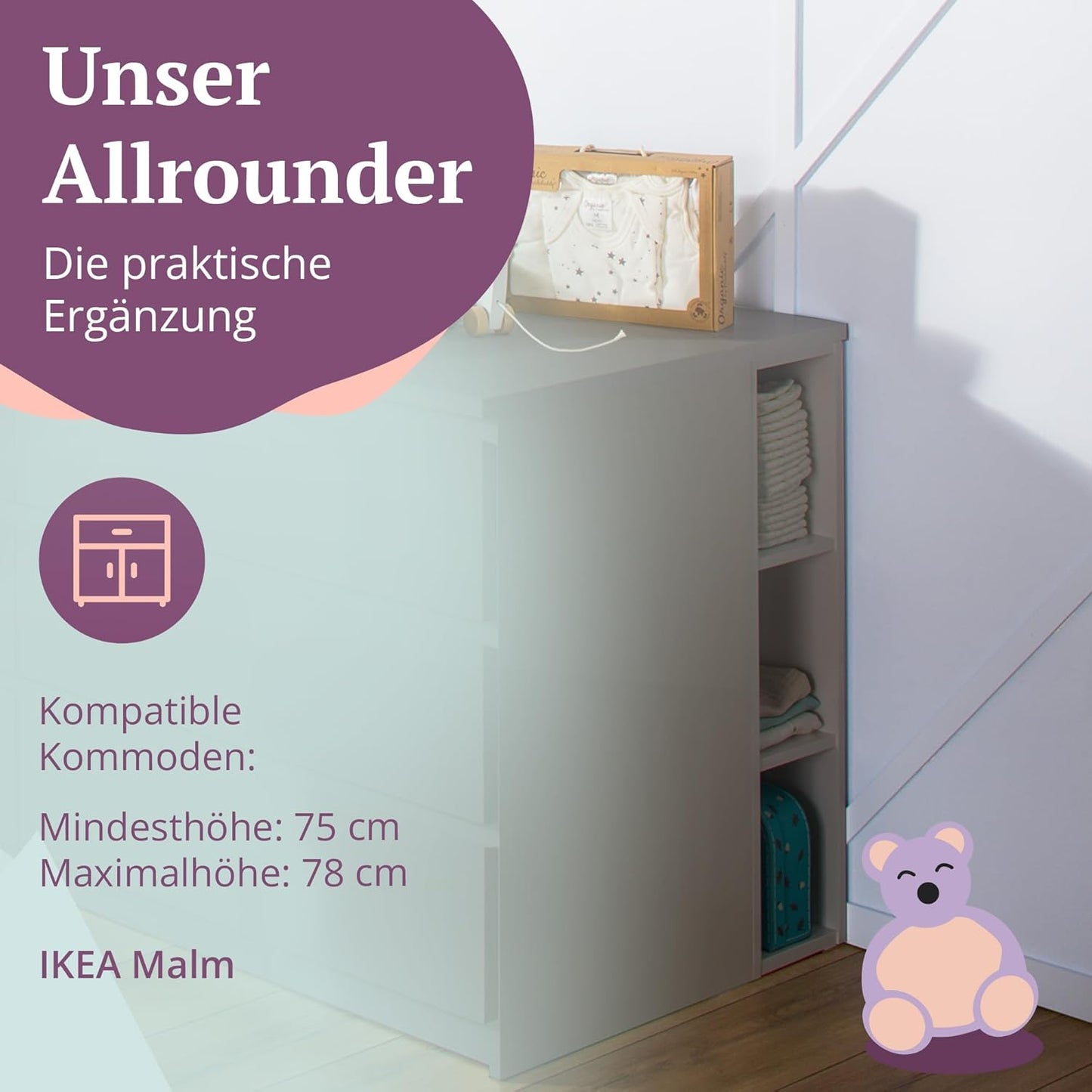 Mikkel Stauraumregal für Wickelkommoden, Grau 75 cm