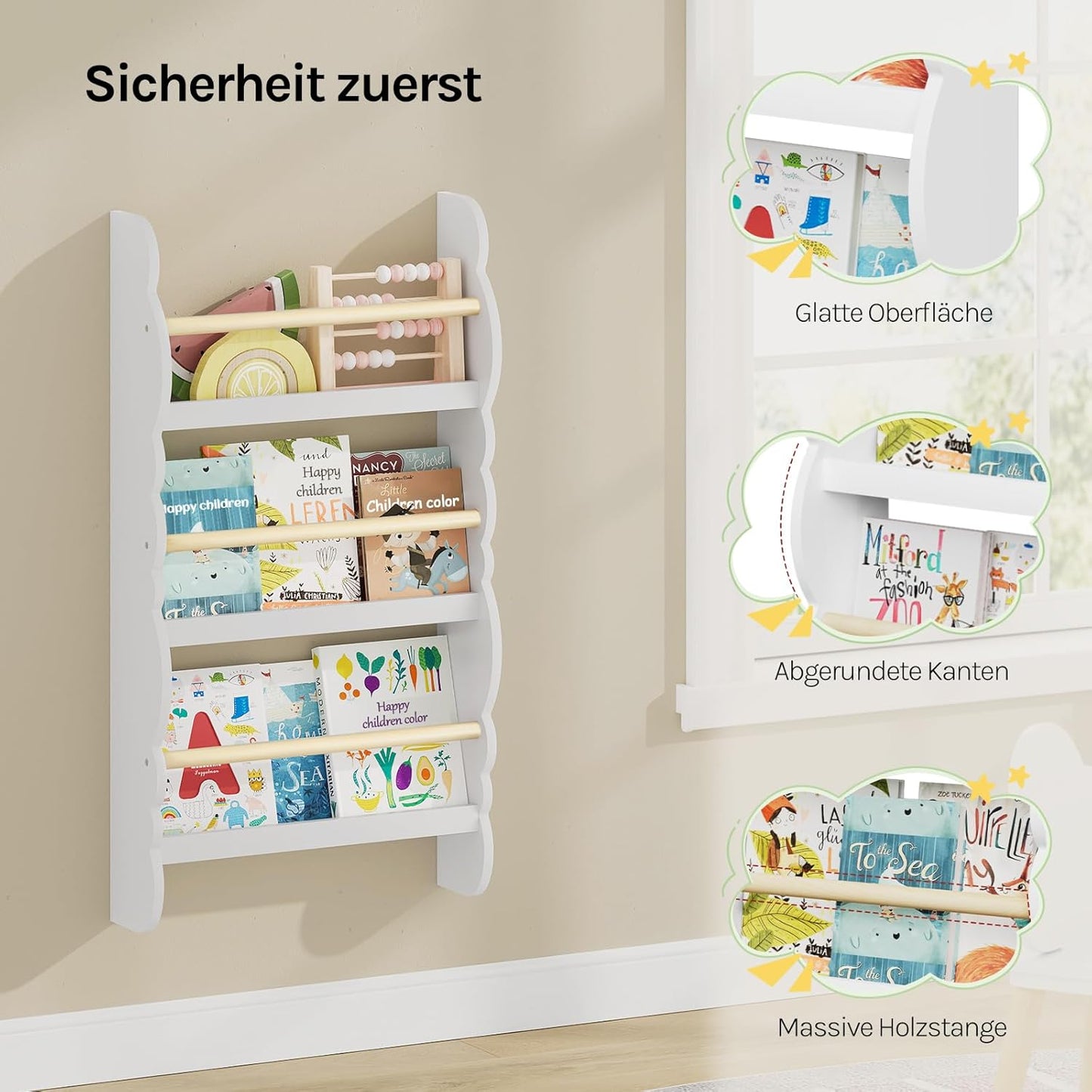 Kinder Bücherregal Wand mit 3 Ablagen, Weiß 42.5x80cm