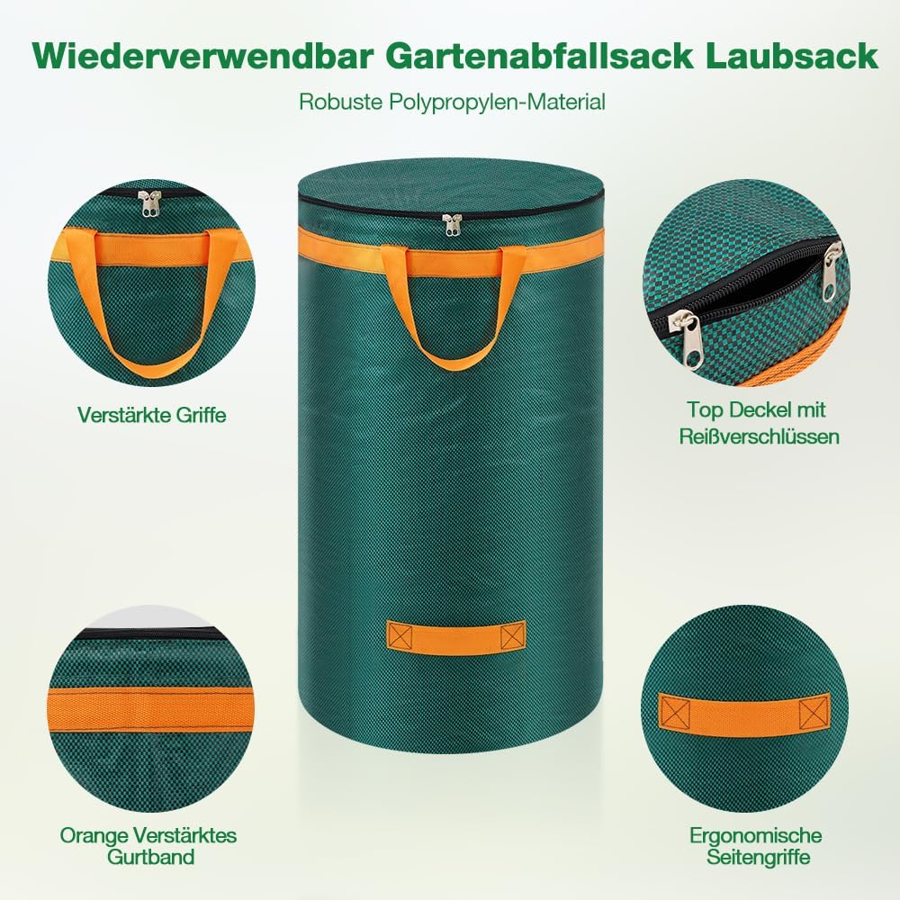 3er-Set Gartenabfallsäcke mit Deckel und Griffen, 272L Gartensack mit Deckel