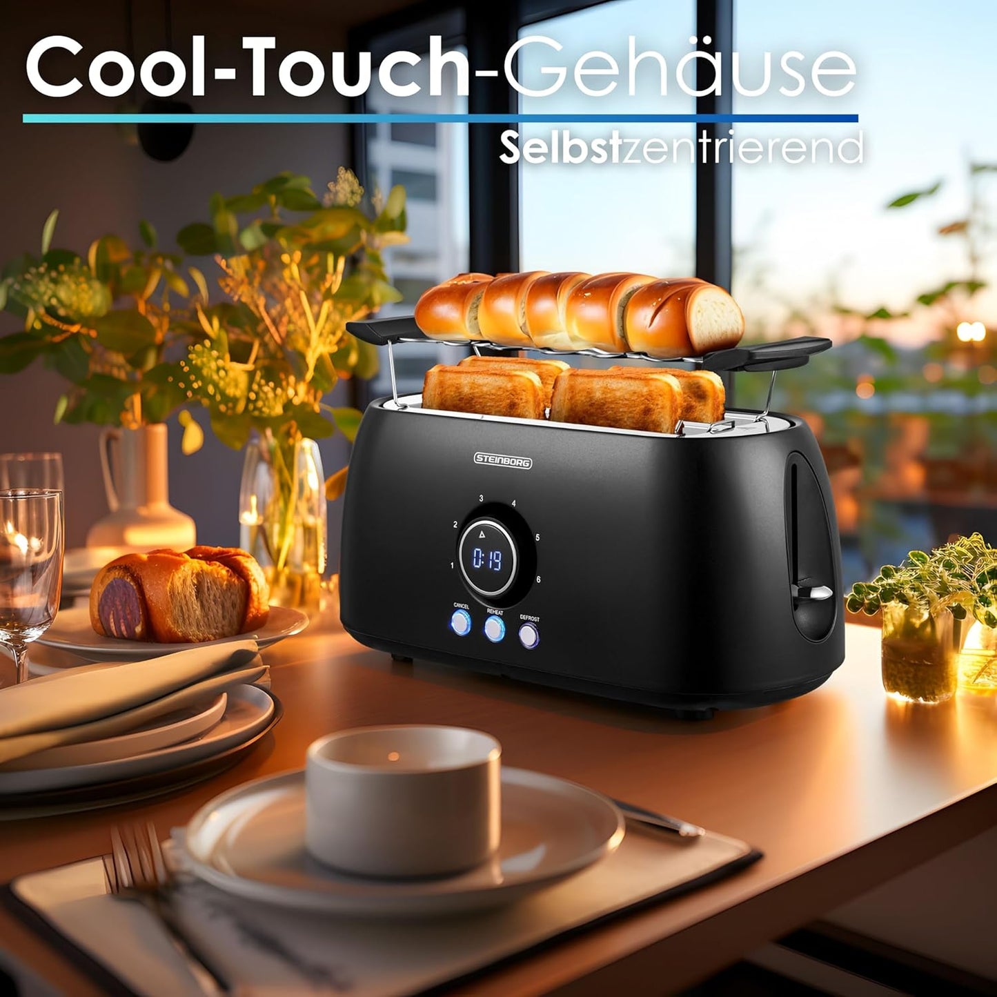 Langschlitztoaster mit Brötchenaufsatz, Schwarz