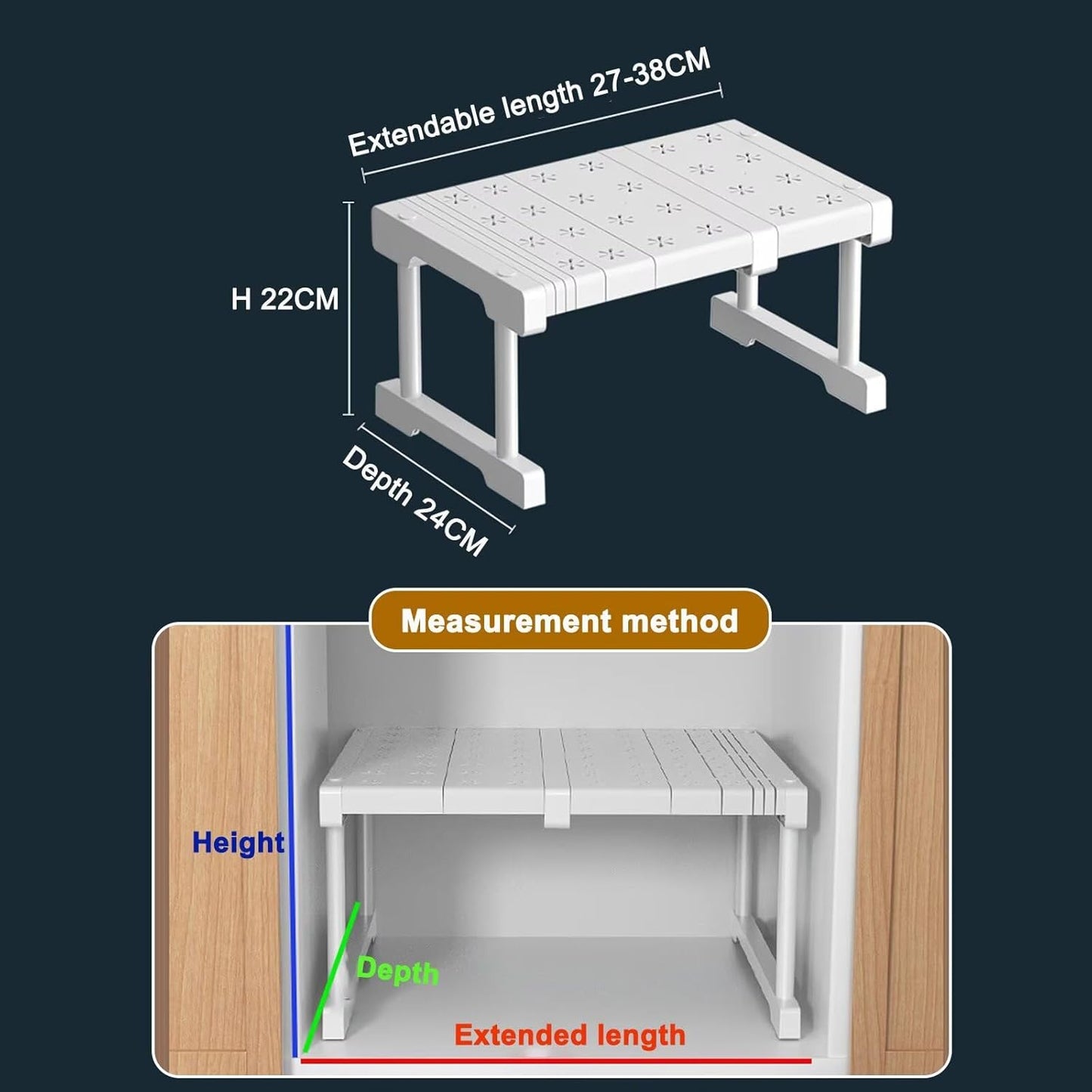 Verstellbares Teleskop-Schrankregal, Verstellbare Länge 27-38cm T 24cm, H 22cm