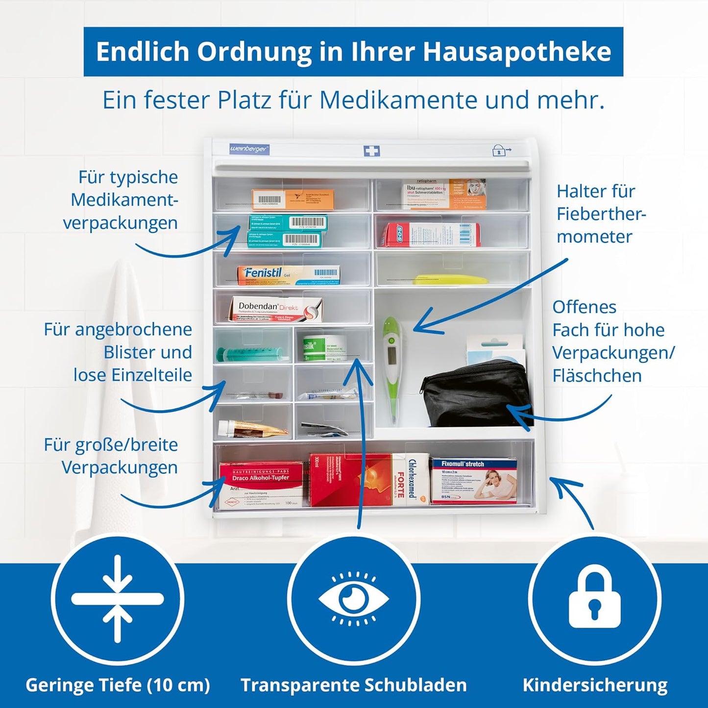 Medizinschrank mit Kindersicherung und Jalousie
