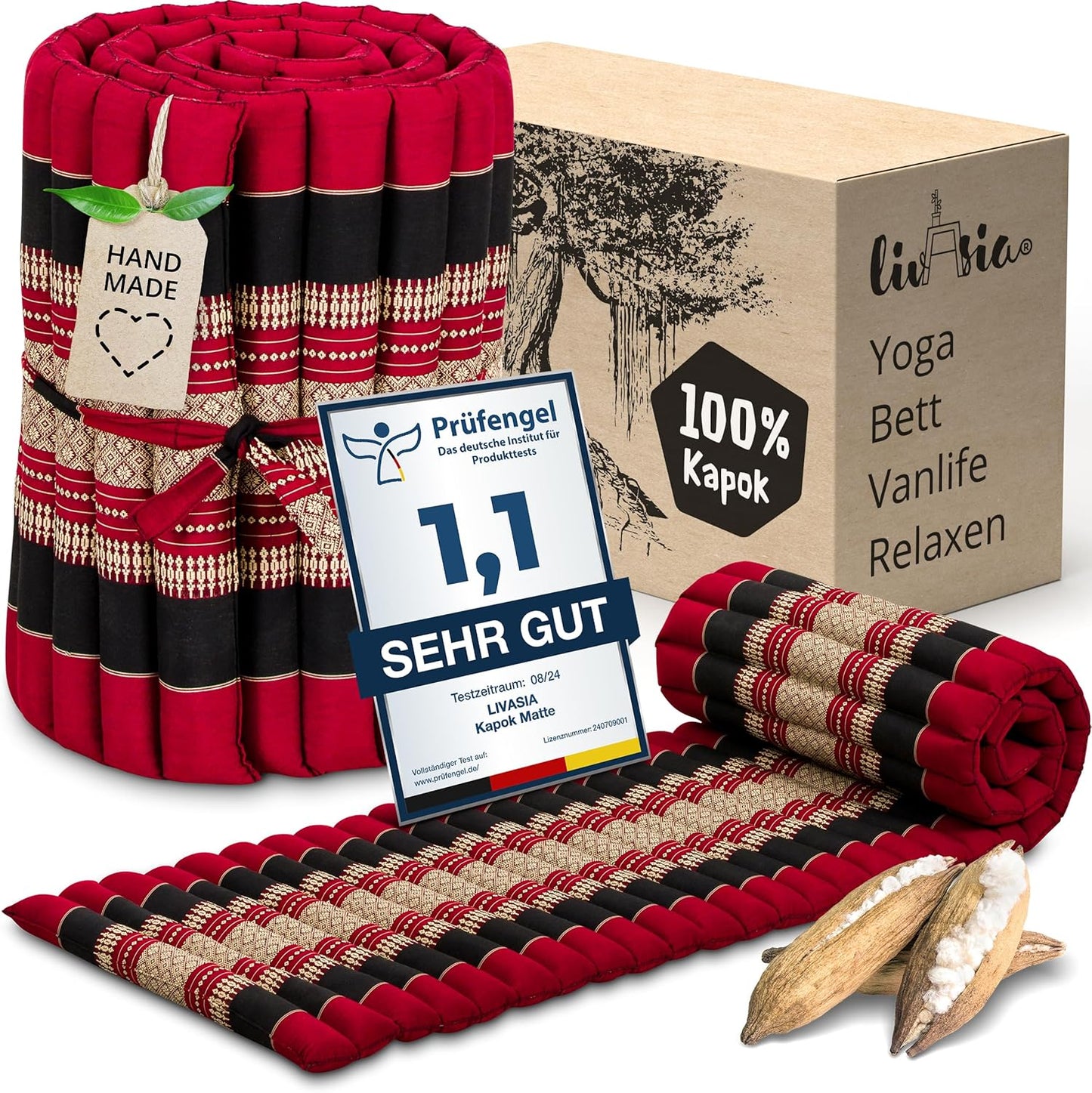 Rollmatratze Gästebett Thaimatte (1 Person), S (200 x 50 cm) Rot/Schwarz